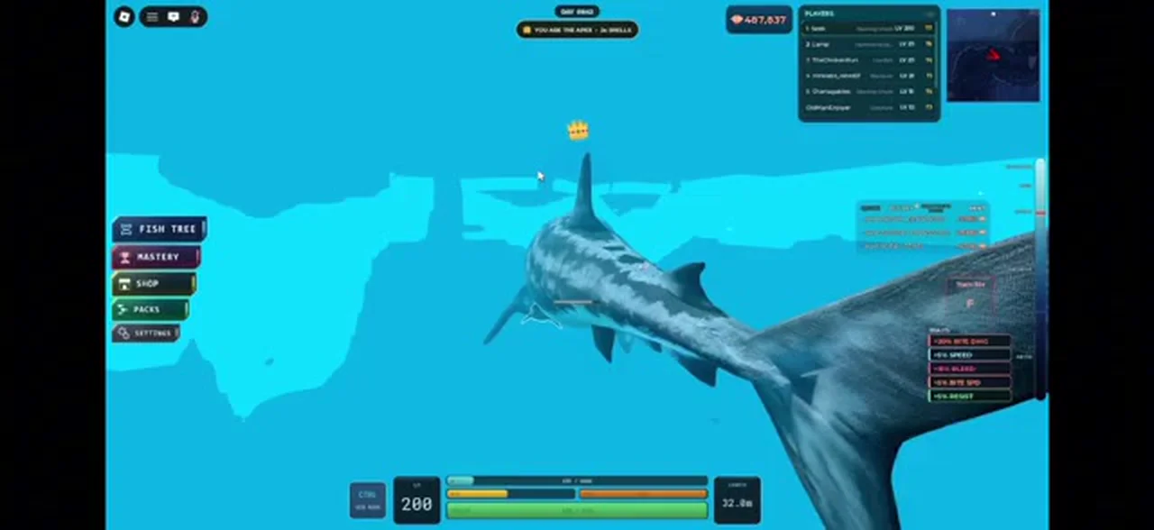 Late-game DEVOUR HUD with YOU ARE THE APEX and Fish Tree tabs
